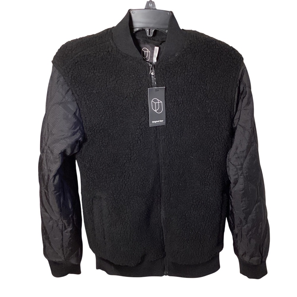Original Use Sherpa Bomber Jacket Mens XS Black Quilted Fleece Streetwear
